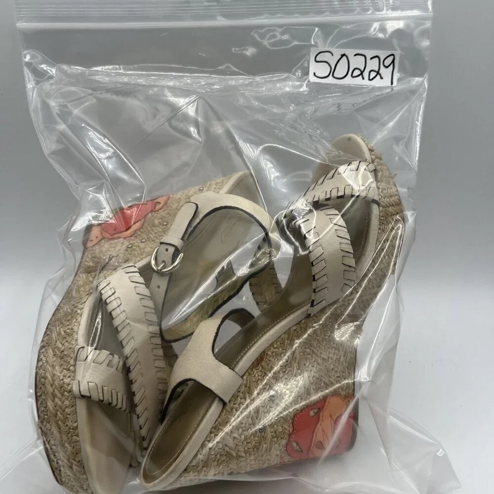 Coach Justeen 9.5 Butterfly Floral Design Woven Espadrille Wedge Leather Sandals
